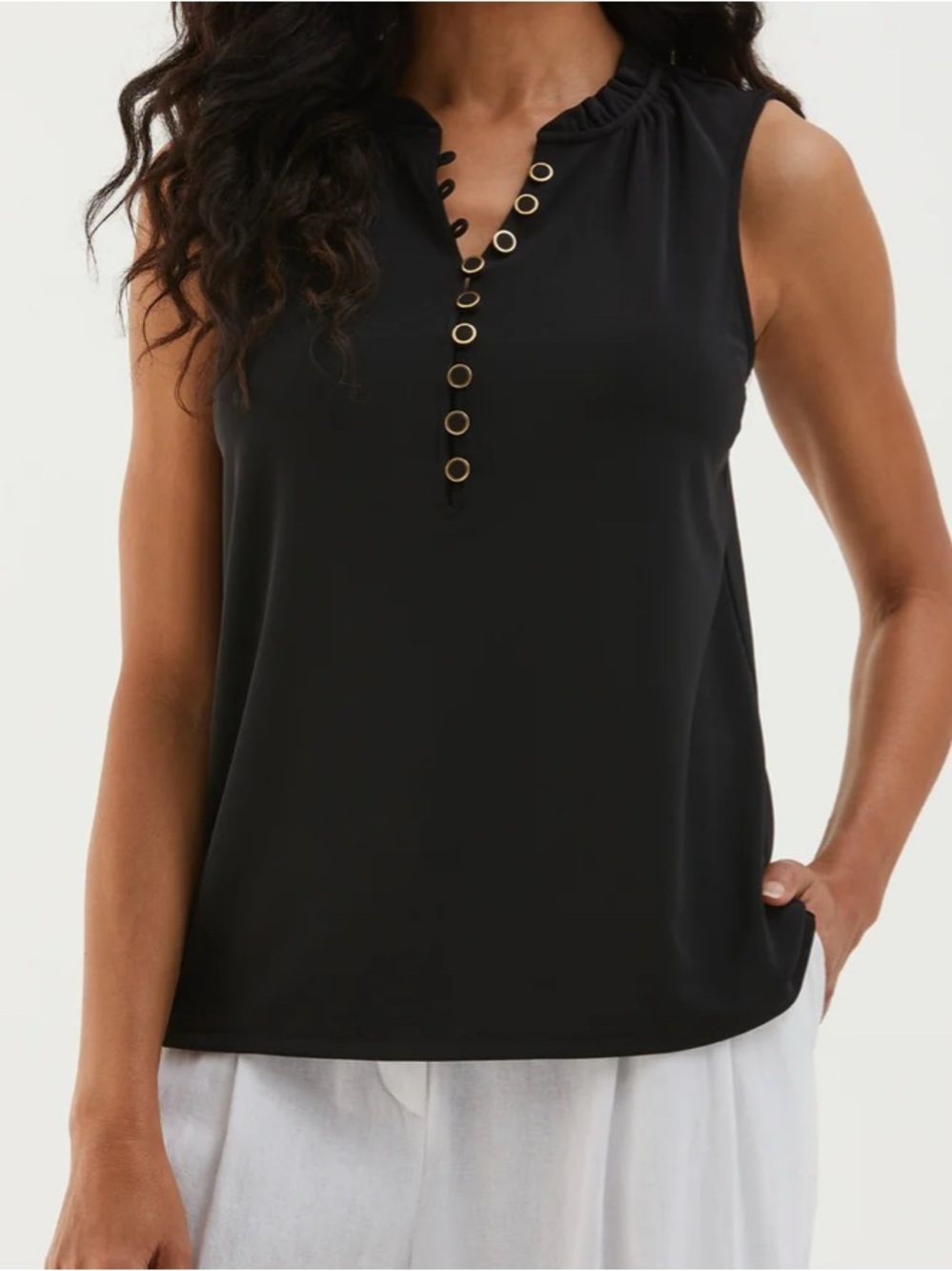 Sleeveless Black Grommet Henley Top